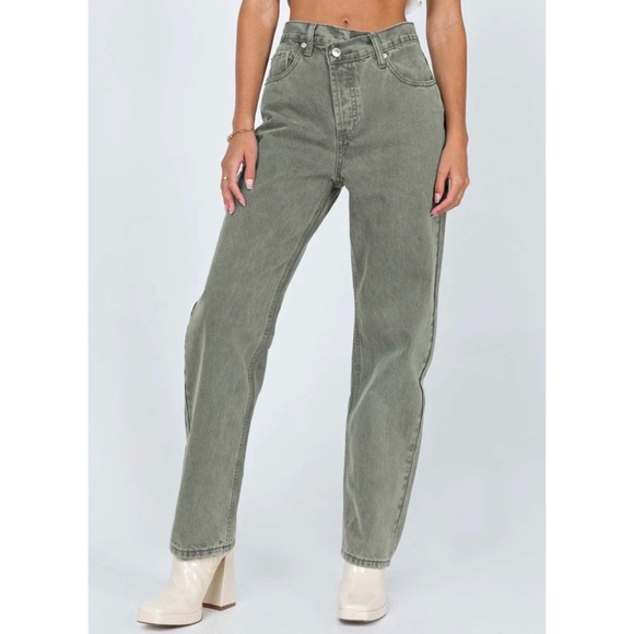 Princess Polly Denim - Princess Polly Holly Asymmetric Straight Leg Green Jeans